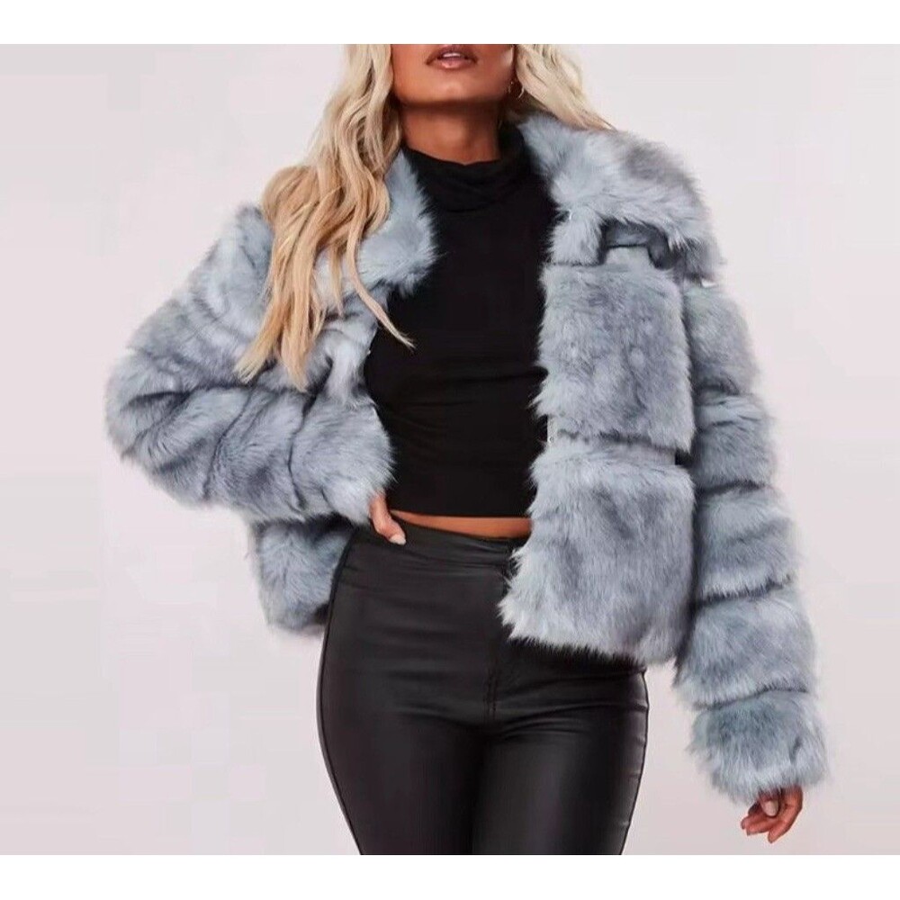 Missguided Grey/Blue Faux Fur Coat Women’s UK 14 US 10 Plush Winter Jacket